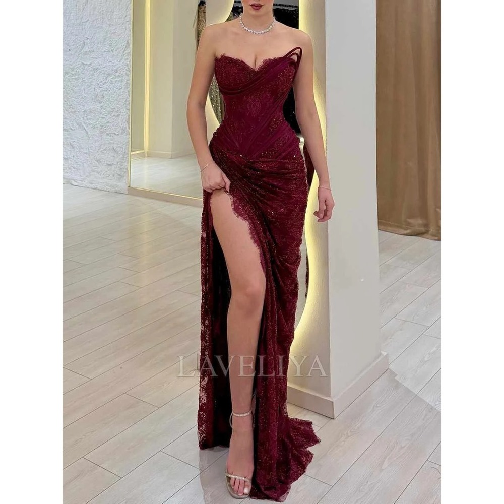 Womens‎ Size 2 Maxi Dress Burgundy Pleated Sweep Train Lace Corset Formal Gown